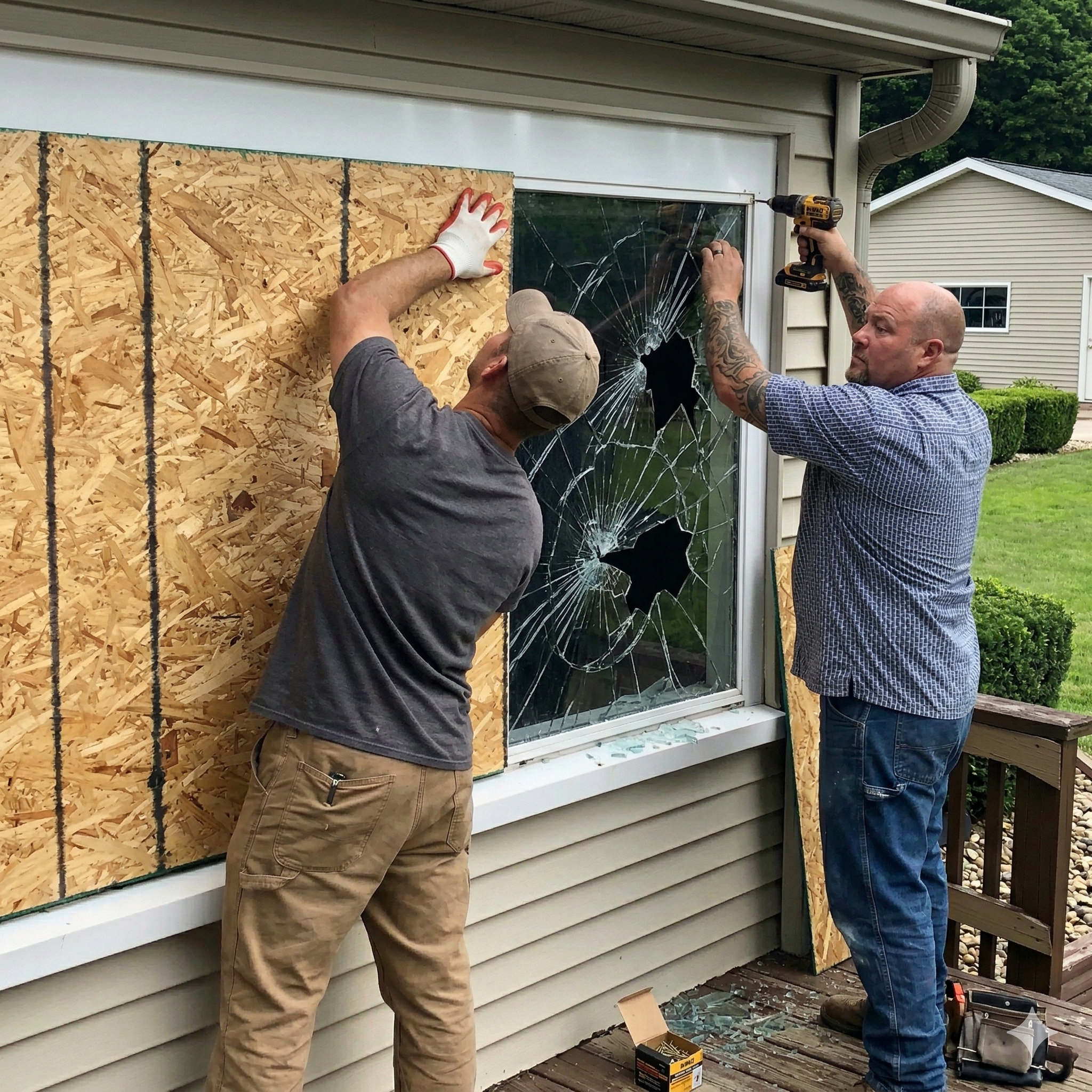 Emergency board-up service securing a broken window